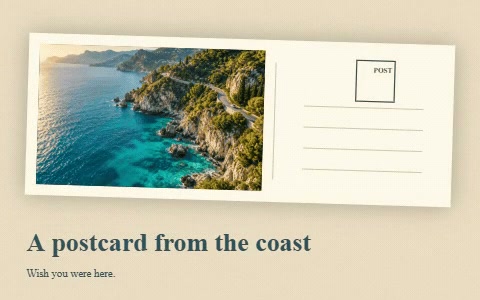A coastal photo on an animated postcard
