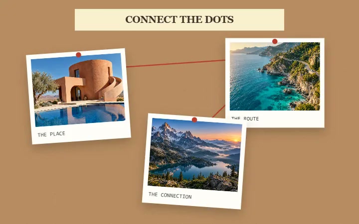 Travel photographs linked by red thread on an evidence board