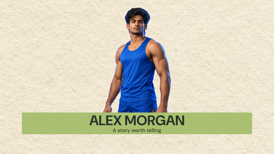 A man in a blue vest with an ALEX MORGAN freeze-frame title