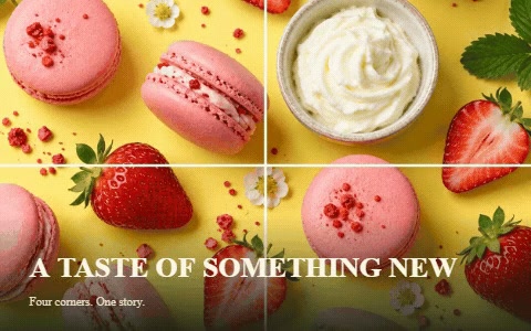 Macarons and cream revealed through a grid of photo tiles