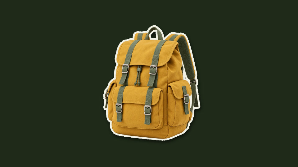 Backpack with a cream paper edge and shadow on dark green