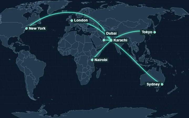Animated connections between cities on a world map