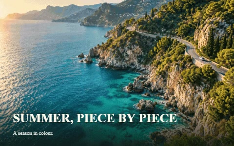 A coastal photograph assembled from mosaic tiles