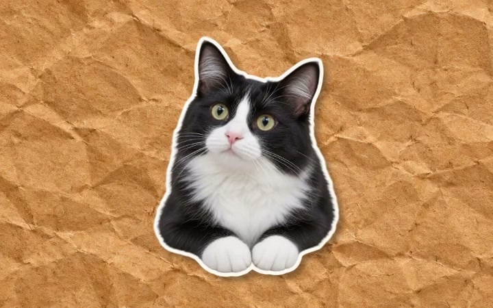 A black and white cat revealed from crumpled brown paper