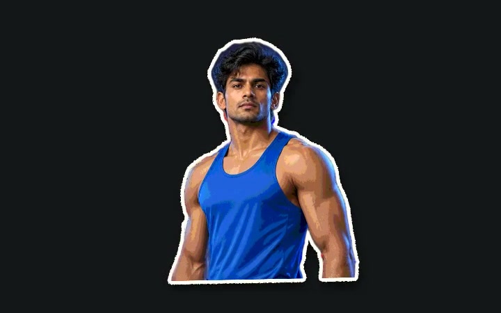 A man in a blue vest with a white paper cutout border