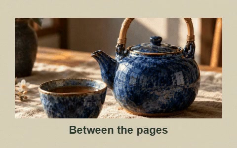 A blue teapot photograph revealed by a page flip