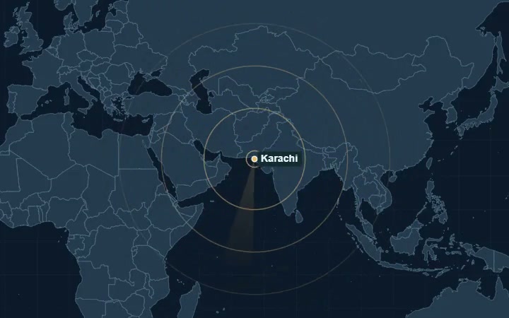 Radar rings around Karachi on a dark map