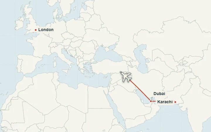 A journey connecting London and Dubai on a map