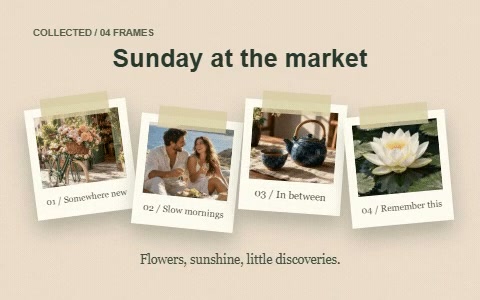 Market-day photographs arranged in a scrapbook
