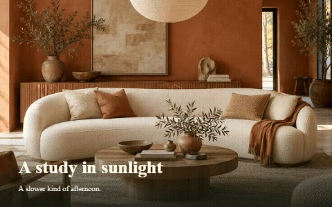 An interior photograph behind animated paper blinds