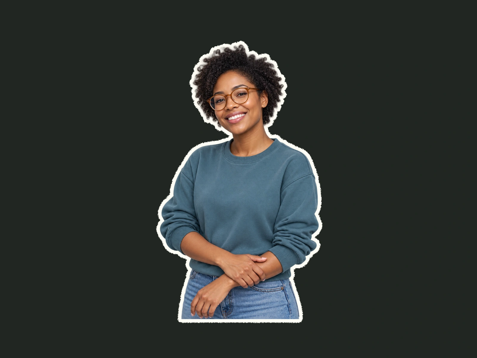 A photo cutout with a white paper edge around a woman in a blue sweatshirt